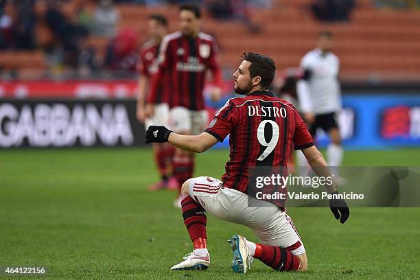 Mattia Destro of AC Milan looks on during the Serie A match between AC Milan and AC Cesena at Stadio Giuseppe Meazza on February 22, 2015 in Milan,...