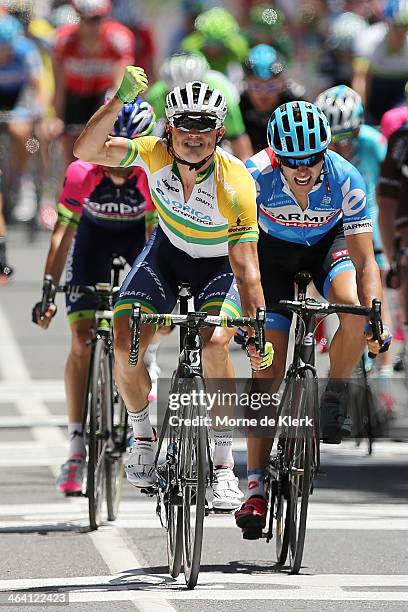 Australian cyclist Simon Gerrans of Orica GreenEDGE celebrates after winning stage one of the Tour Down Under on January 21, 2014 in Adelaide,...