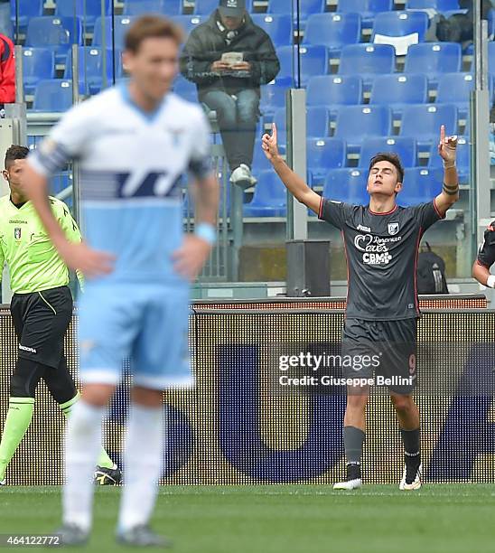 Paulo Dybala of US Città di Palermo celebrates after scoring the opening goal during the Serie A match between SS Lazio and US Citta di Palermo at...