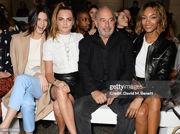 Kendall Jenner, Cara Delevingne, Sir Philip Green and Jourdan Dunn attend the Topshop Unique show during London Fashion Week Fall/Winter 2015/16 at...