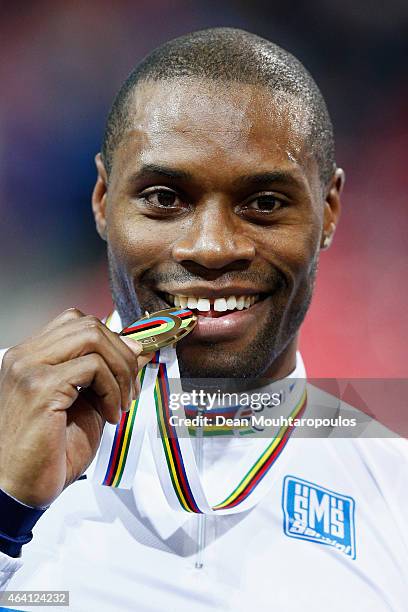 Gregory Bauge of France celebrates on the podium becoming World Champion and winning the gold medal for the Mens Sprint during day 5 of the UCI Track...