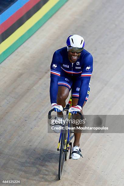 Gregory Bauge of France celebrates on the track becoming World Champion and winning the gold medal for the Mens Sprint during day 5 of the UCI Track...