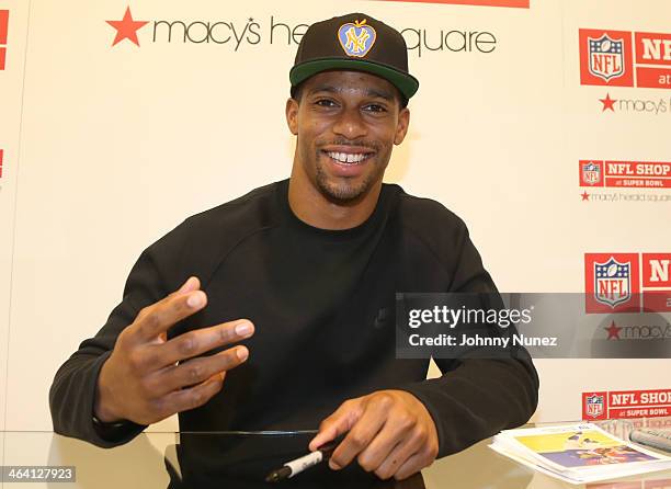 Victor Cruz visits the NFL Shop at Super Bowl at Macy's Herald Square on January 20, 2014 in New York City.