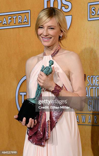 Actress Cate Blanchett, winner of the Outstanding Performance by a Female Actor in a Leading Role award for "Blue Jasmine," poses in the press room...