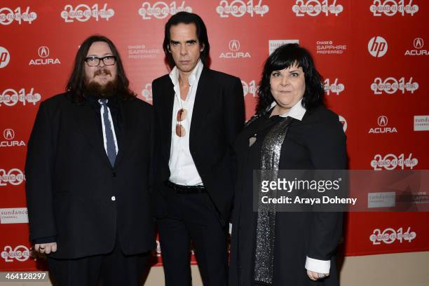 Iain Forsyth, Nick Cave and Jane Pollard attend the "20,000 Days On Earth" premiere at Egyptian Theatre on January 20, 2014 in Park City, Utah.