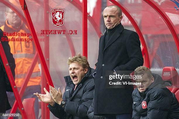 Assistant trainer Youri Mulder of FC Twente, coach Alfred Schreuder of FC Twente, assistant trainer Michel Jansen of FC Twente during the Dutch...