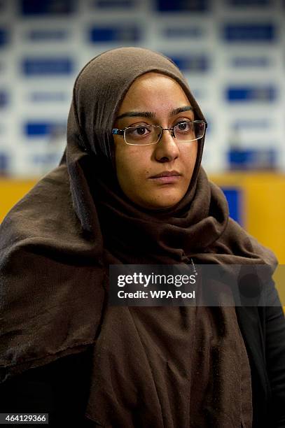 Renu Begum, eldest sister of Shamima Begum interviewed by the media at New Scotland Yard, as the relatives of three missing schoolgirls believed to...