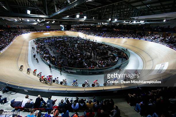 General view of the track and stadium as riders including Laura Trott of the Great Britain Cycling Team, Annette Edmondson of Australia and Kirsten...