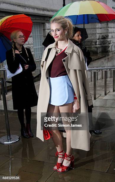Pixie Lott sighted arriving for the TopShop Unique fashion show on February 22, 2015 in London, England.