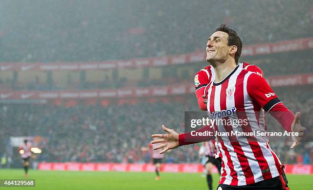 Aritz Aduriz of Athletic Club celebrates after scoring during the La Liga match between Athletic Club and Rayo Vallecano de Madrid at San Mames...