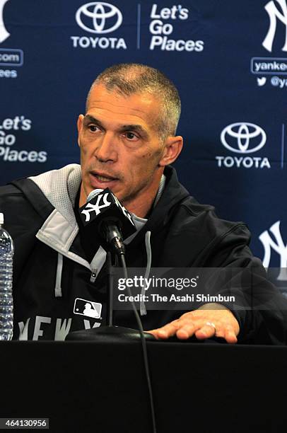 Manager Joe Girardi of the New York Yankees talks with the media during spring training media availability at George M. Steinbrenner Field on...