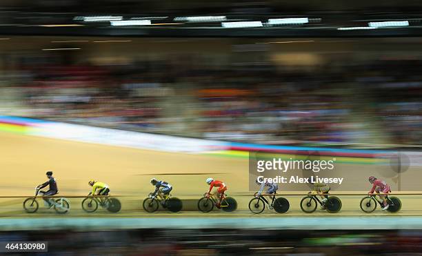 Jess Varnish of Great Britain Cycling Team competes in the Women's Keirin first round race during Day Five of the UCI Track Cycling World...