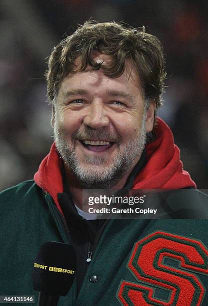 Actor and co-owner of South Sydney Rabbitohs Russell Crowe is interviewed by the BBC prior to the World Club Challenge match between St Helens and...