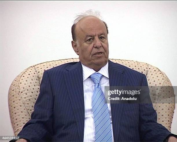 Yemeni President, Abdo Rabbo Mansour Hadi, meets with local officials in Aden, Yemen, on 22 February 2015. Hadi, who resigned the presidency last...