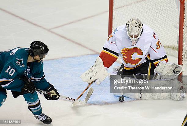 Goalkeeper Karri Ramo of the Calgary Flames blocks the shot of Andrew Desjardins of the San Jose Sharks during the third period at SAP Center on...