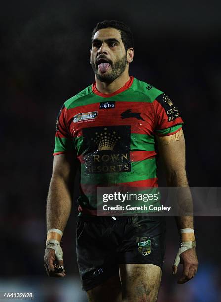 Captain Greg Inglis of South Sydney Rabbitohs looks on during the World Club Challenge match between St Helens and South Sydney Rabbitohs at Langtree...