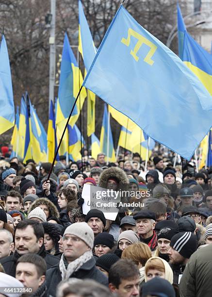 Thousands of people participate in the 'March of Diginity' prior to ceremonies marking the first anniversary of the Maidan revolution that led to the...