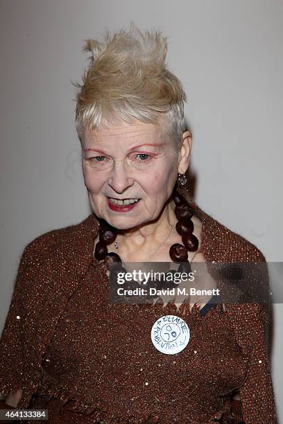 Vivienne Westwood poses backstage at the Vivienne Westwood Red Label show during London Fashion Week Fall/Winter 2015/16 at Science Museum on...