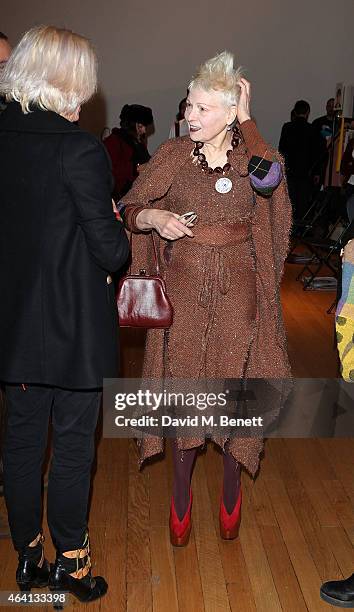 Vivienne Westwood poses backstage at the Vivienne Westwood Red Label show during London Fashion Week Fall/Winter 2015/16 at Science Museum on...