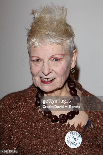 Vivienne Westwood poses backstage at the Vivienne Westwood Red Label show during London Fashion Week Fall/Winter 2015/16 at Science Museum on...