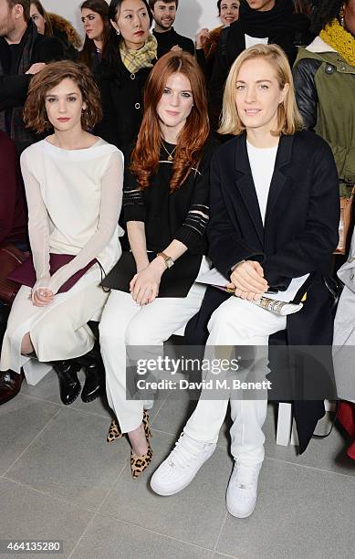Sai Bennett, Rose Leslie and Polly Morgan attend the Pringle of Scotland Fully Fashioned Exhibition and Autumn/Winter 2015 Womenswear Runway Show at...