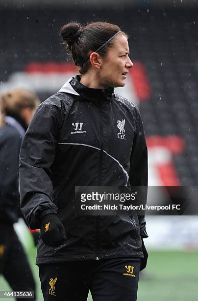 Becky Easton of Liverpool Ladies during the pre-match warm up before the pre-season friendly between Liverpool Ladies and Yeovil Town Ladies at...