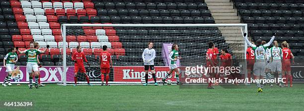 Yeovil Ladies players celebrate Amy Wathan's goal during the pre-season friendly between Liverpool Ladies and Yeovil Town Ladies at Select Security...