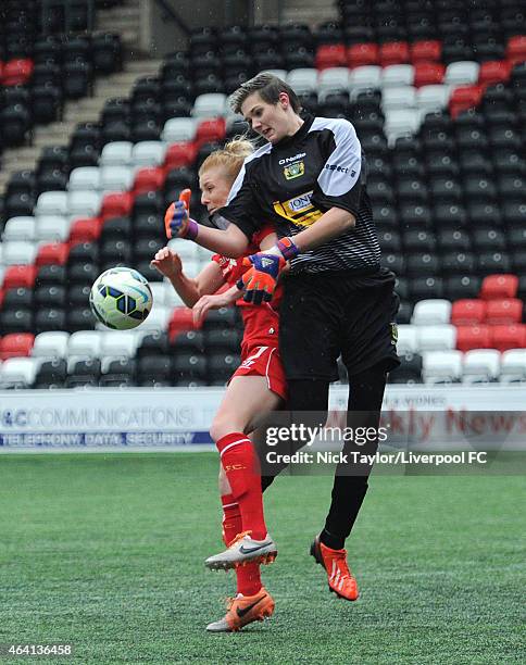 Kate Longhurst of Liverpool Ladies and Charlotte Haynes of Yeovil Town Ladies in action during the pre-season friendly between Liverpool Ladies and...