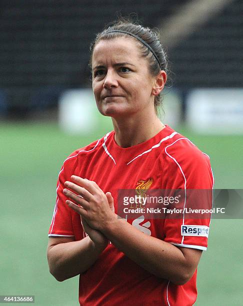 Becky Easton of Liverpool Ladies applauds the supporters after the pre-season friendly between Liverpool Ladies and Yeovil Town Ladies at Select...
