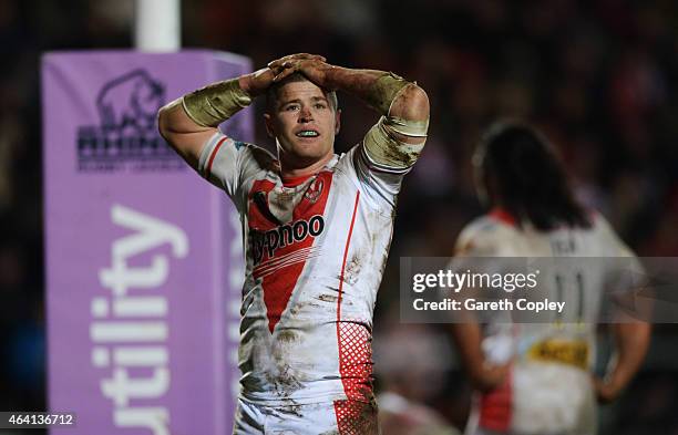 Travis Burns of St Helens reacts during the World Club Challenge match between St Helens and South Sydney Rabbitohs at Langtree Park on February 22,...