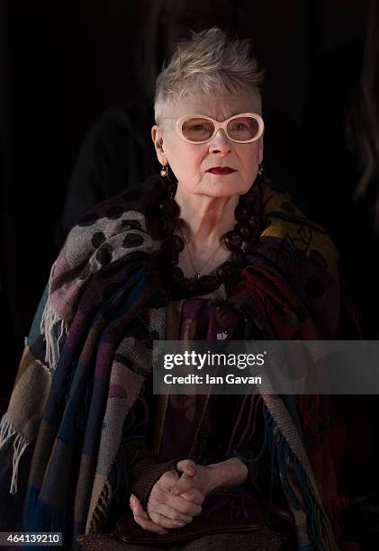 Vivienne Westwood watches her models rehearse backstage before her Vivienne Westwood Red Label show during London Fashion Week Fall/Winter 2015/16 at...