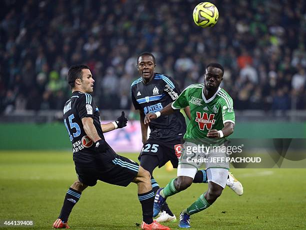 St Etienne's Ivorian midfielder Ismael Diomande vies with Marseille's French defender Jeremy Morel during the French L1 football match AS...
