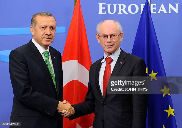 European Council President Herman Van Rompuy welcomes Turkey's Prime Minister Recep Tayyip Erdogan prior to their bilateral meeting on January 21,...