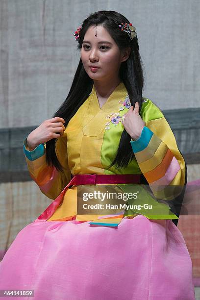 Seohyun of South Korean girl group Girls' Generation attends the press call for musical "Moon Embracing The Sun" on January 20, 2014 in Seoul, South...