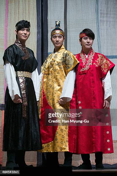 South Korean actor Kim Da-Hyun and Kyuhyun of boy band Super Junior and guest attend the press call for musical "Moon Embracing The Sun" on January...