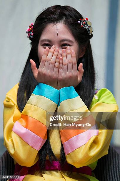 Seohyun of South Korean girl group Girls' Generation attends the press call for musical "Moon Embracing The Sun" on January 20, 2014 in Seoul, South...