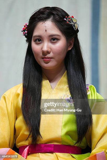 Seohyun of South Korean girl group Girls' Generation attends the press call for musical "Moon Embracing The Sun" on January 20, 2014 in Seoul, South...