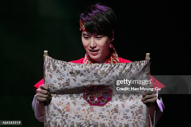 Kyuhyun of boy band Super Junior attends the press call for musical "Moon Embracing The Sun" on January 20, 2014 in Seoul, South Korea.