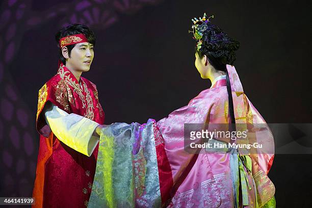 Kyuhyun of boy band Super Junior and Seohyun of South Korean girl group Girls' Generation attend the press call for musical "Moon Embracing The Sun"...