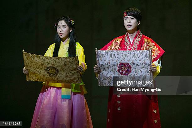 Kyuhyun of boy band Super Junior and Seohyun of South Korean girl group Girls' Generation attend the press call for musical "Moon Embracing The Sun"...