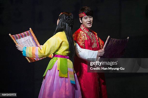 Kyuhyun of boy band Super Junior and Seohyun of South Korean girl group Girls' Generation attend the press call for musical "Moon Embracing The Sun"...