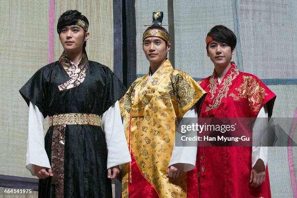 South Korean actor Kim Da-Hyun and Kyuhyun of boy band Super Junior and guest attend the press call for musical "Moon Embracing The Sun" on January...