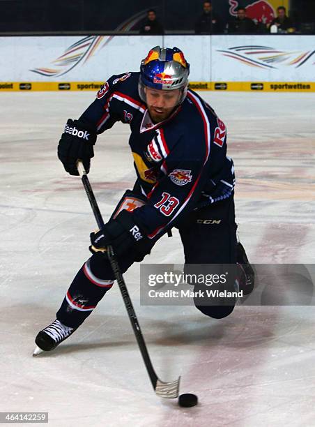 Daniel Sparre of EHC Red Bull Muenchen in action during the DEL match between EHC Red Bull Muenchen and Iserlohn Roosters at Olympia Eishalle on...