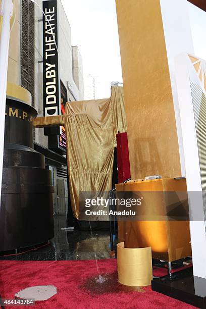 Rain falls over the red carpet before the start of the 87th Annual Academy Awards at Hollywood's Dolby Theatre on February 22, 2015 in Hollywood,...