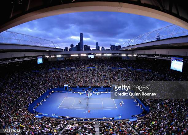 General view of play between Novak Djokovic of Serbia and Stanislas Wawrinka of Switzerland during their quarterfinal match aat the 2014 Australian...