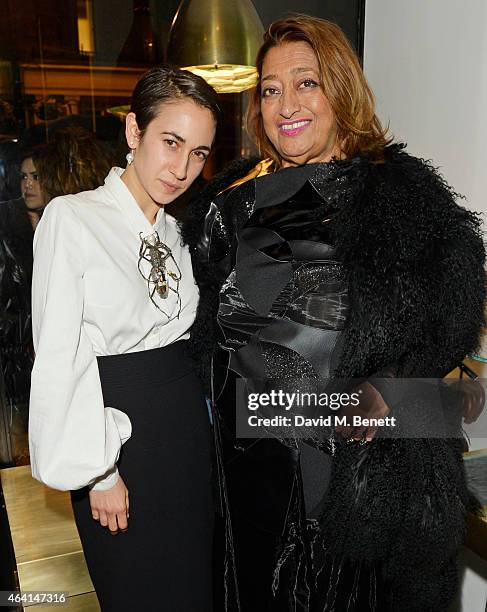 Delfina Delettrez and Dame Zaha Hadid attend the Delfina Delettrez London Boutique Opening during London Fashion Week Fall/Winter 2015/16 on February...