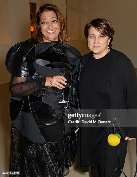 Dame Zaha Hadid and Silvia Venturini Fendi attend the Delfina Delettrez London boutique opening dinner during London Fashion Week Fall/Winter 2015/16...