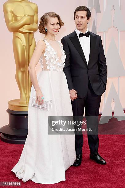 Actors Joanna Newsom and Andy Samberg attends the 87th Annual Academy Awards at Hollywood & Highland Center on February 22, 2015 in Hollywood,...