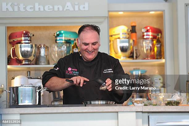 Chef Jose Andres prepares food onstage at Whole Foods Market Grand Tasting Village featuring MasterCard Grand Tasting Tents & KitchenAid Culinary...