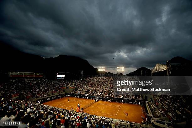 Fabio Fognini of Italy plays David Ferrer of Spain during the final of the Rio Open at the Jockey Club Brasileiro on February 22, 2015 in Rio de...
